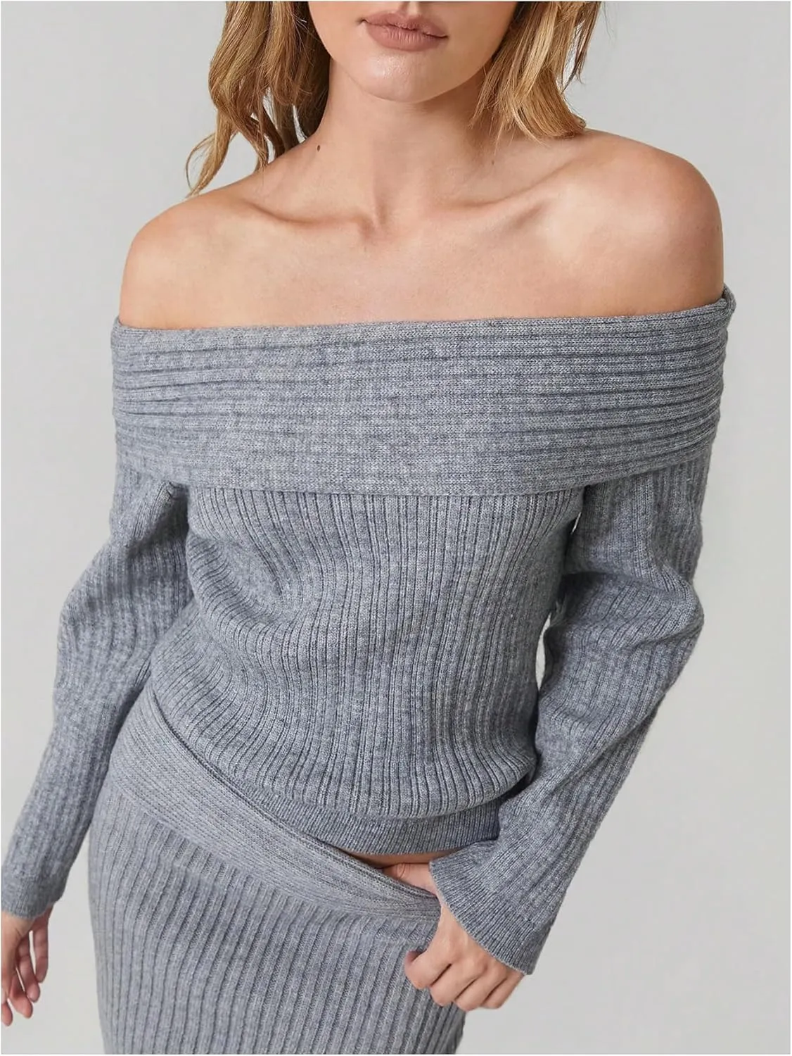 GORGLITTER Women's Two Piece Skirt Set Off Shoulder Sweater Drop Waist Long Skirt Rib Knit Outfits