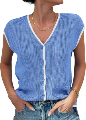 GRACE KARIN Womens Sweater Vest 2025 Summer Casual V Neck Cap Sleeve Button Down Sleeveless Knit Top
