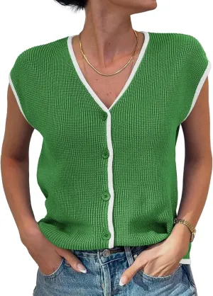 GRACE KARIN Womens Sweater Vest 2025 Summer Casual V Neck Cap Sleeve Button Down Sleeveless Knit Top