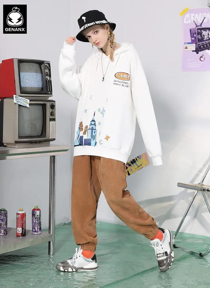 Graffiti Print Napping Drop-Shoulder Sleeve Hoodies