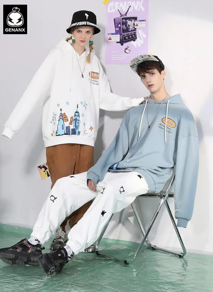 Graffiti Print Napping Drop-Shoulder Sleeve Hoodies