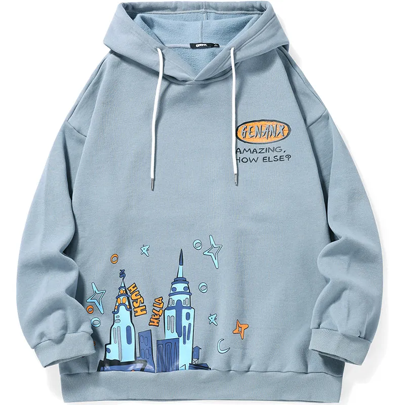 Graffiti Print Napping Drop-Shoulder Sleeve Hoodies