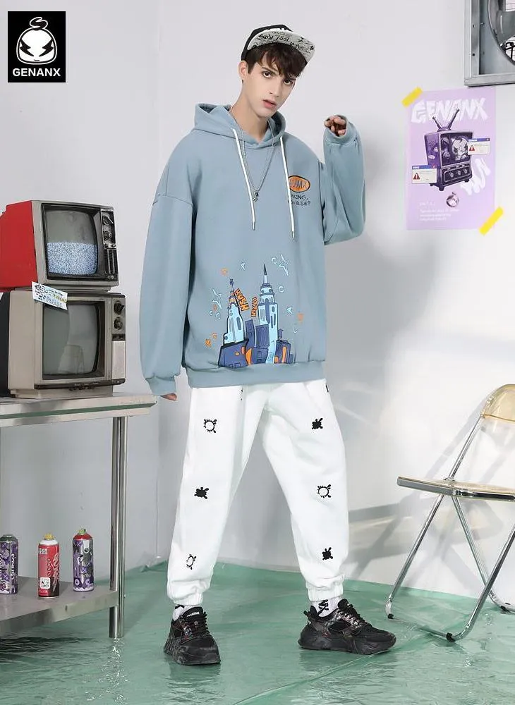 Graffiti Print Napping Drop-Shoulder Sleeve Hoodies