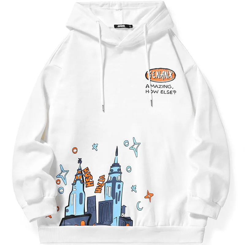 Graffiti Print Napping Drop-Shoulder Sleeve Hoodies