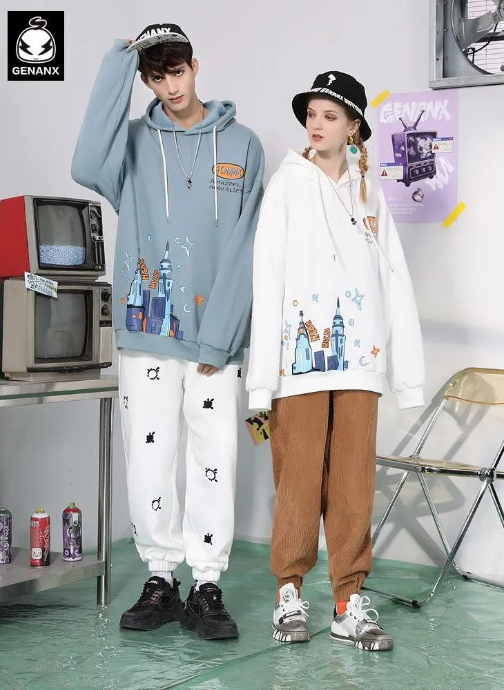Graffiti Print Napping Drop-Shoulder Sleeve Hoodies