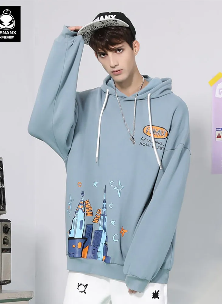Graffiti Print Napping Drop-Shoulder Sleeve Hoodies