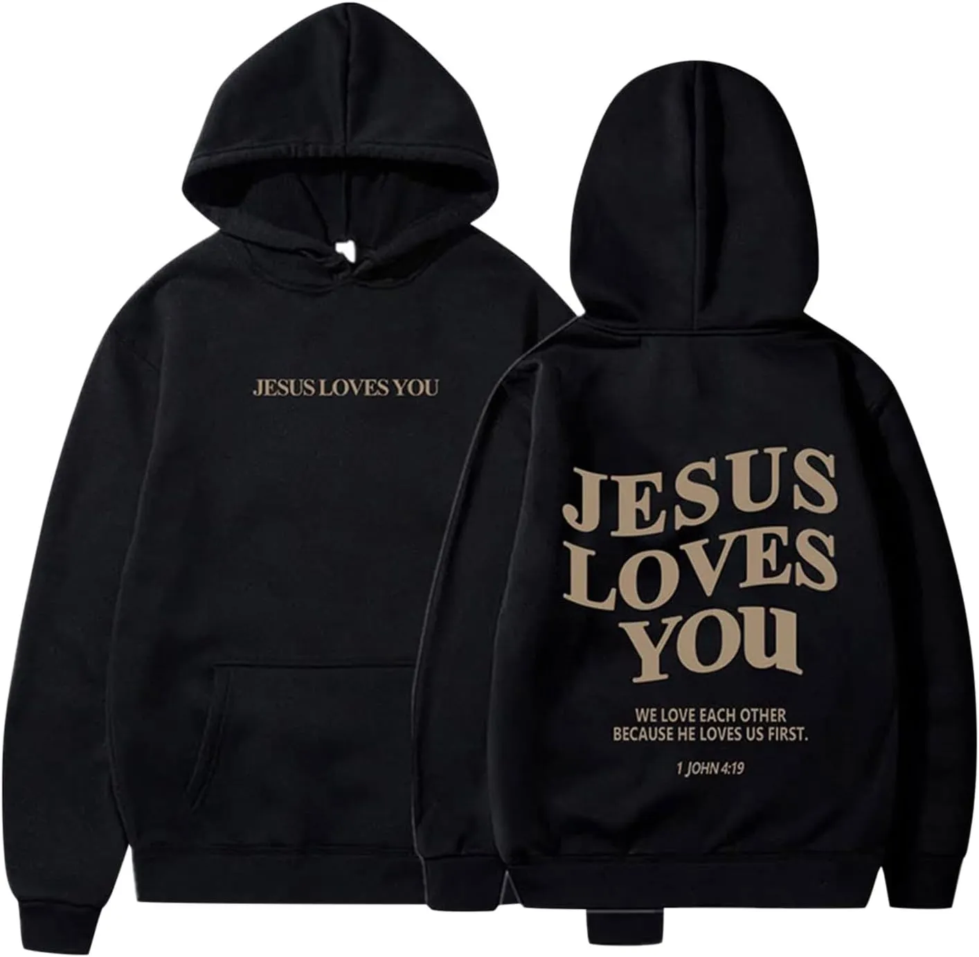Graphic Hoodie Streetwear Jesus Loves You Bible Verse Letter Printed Fall Outfit with Kangaroo Pocket Drawstring Leisure Fall