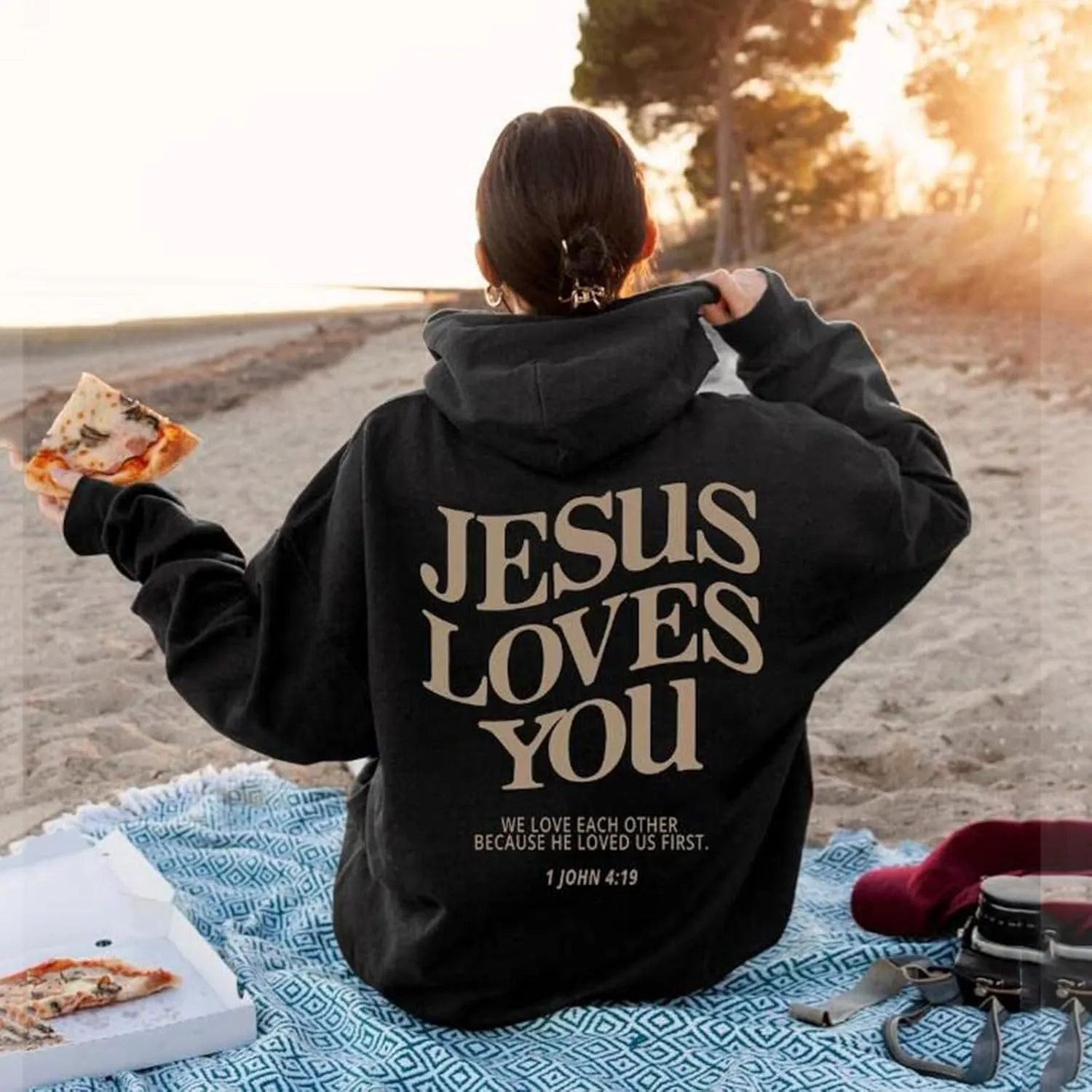 Graphic Hoodie Streetwear Jesus Loves You Bible Verse Letter Printed Fall Outfit with Kangaroo Pocket Drawstring Leisure Fall