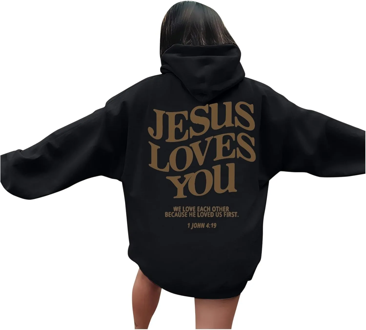 Graphic Hoodie Streetwear Jesus Loves You Bible Verse Letter Printed Fall Outfit with Kangaroo Pocket Drawstring Leisure Fall