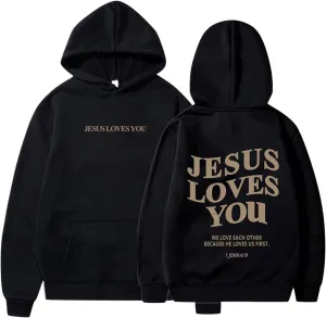 Graphic Hoodie Streetwear Jesus Loves You Bible Verse Letter Printed Fall Outfit with Kangaroo Pocket Drawstring Leisure Fall