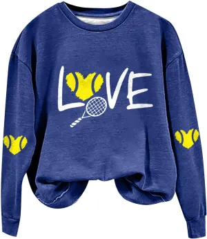 Graphic Sweatshirts for Women LOVE Tennis Long Sleeve Crew Neck Comfort Sweatshirt Aesthetic Going out Pullover Tops
