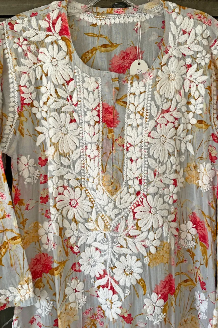 Gray Summer Floral Lucknowi Kurta Dress