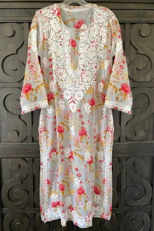Gray Summer Floral Lucknowi Kurta Dress