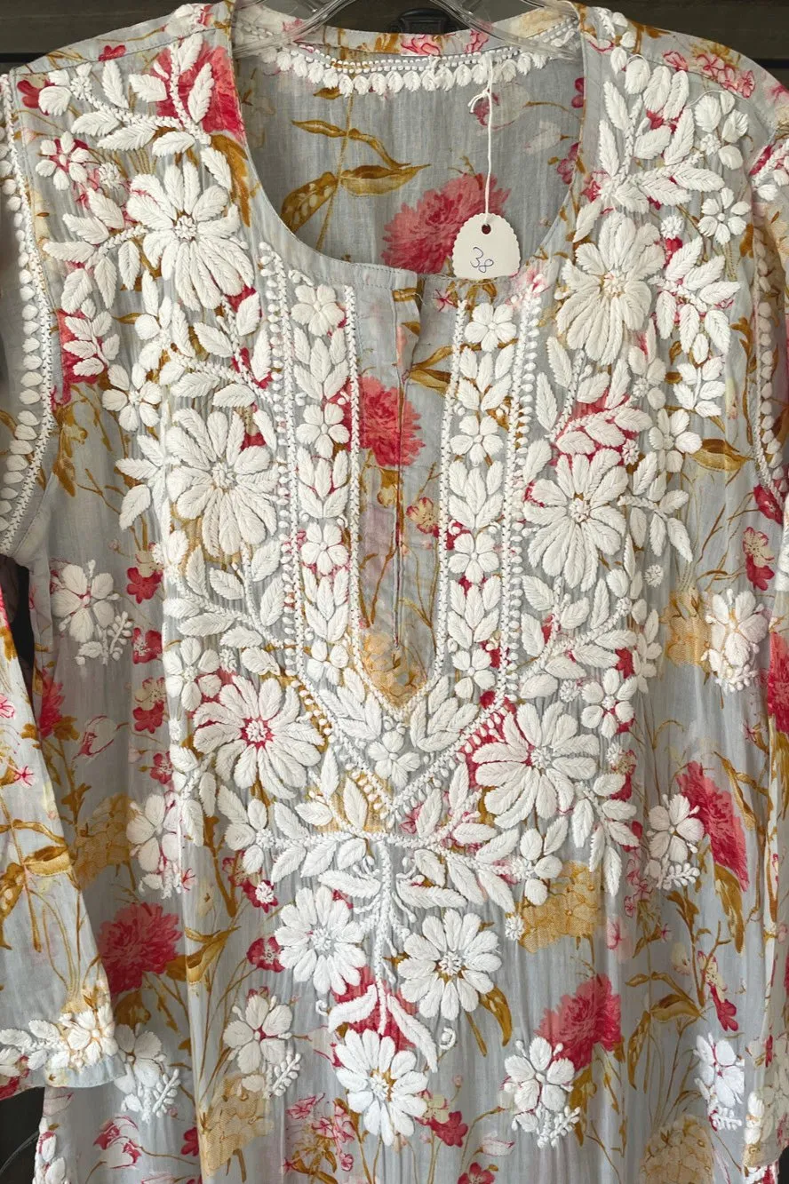Gray Summer Floral Lucknowi Kurta Dress