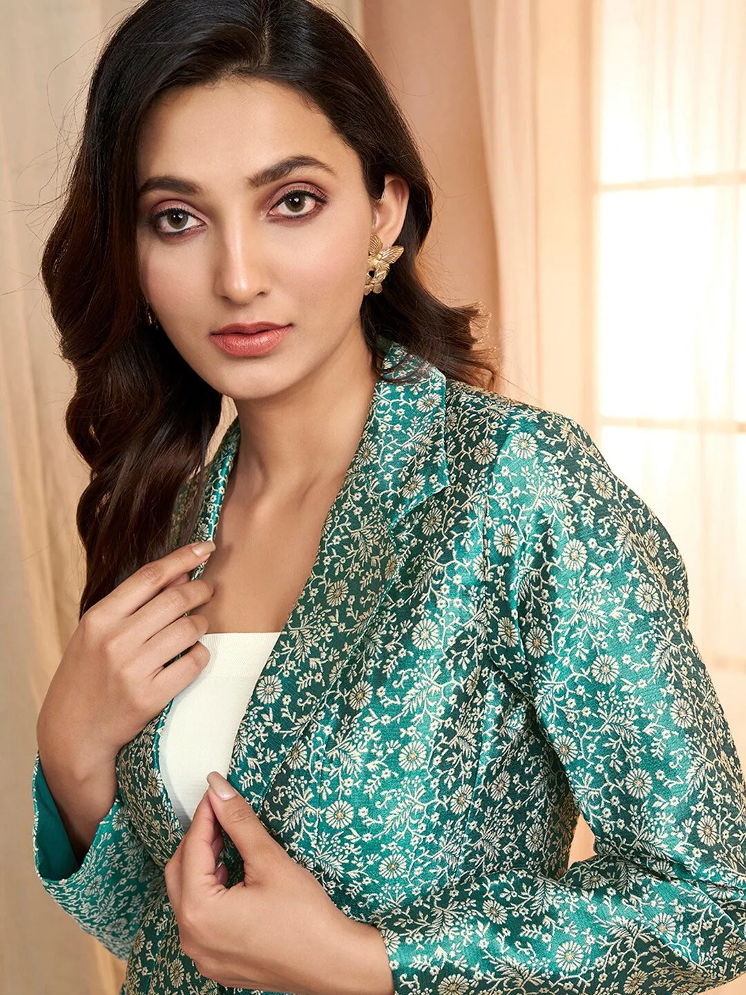 Green and beige Floral Woven Design Shirt & Trousers Ethnic Co-Ords