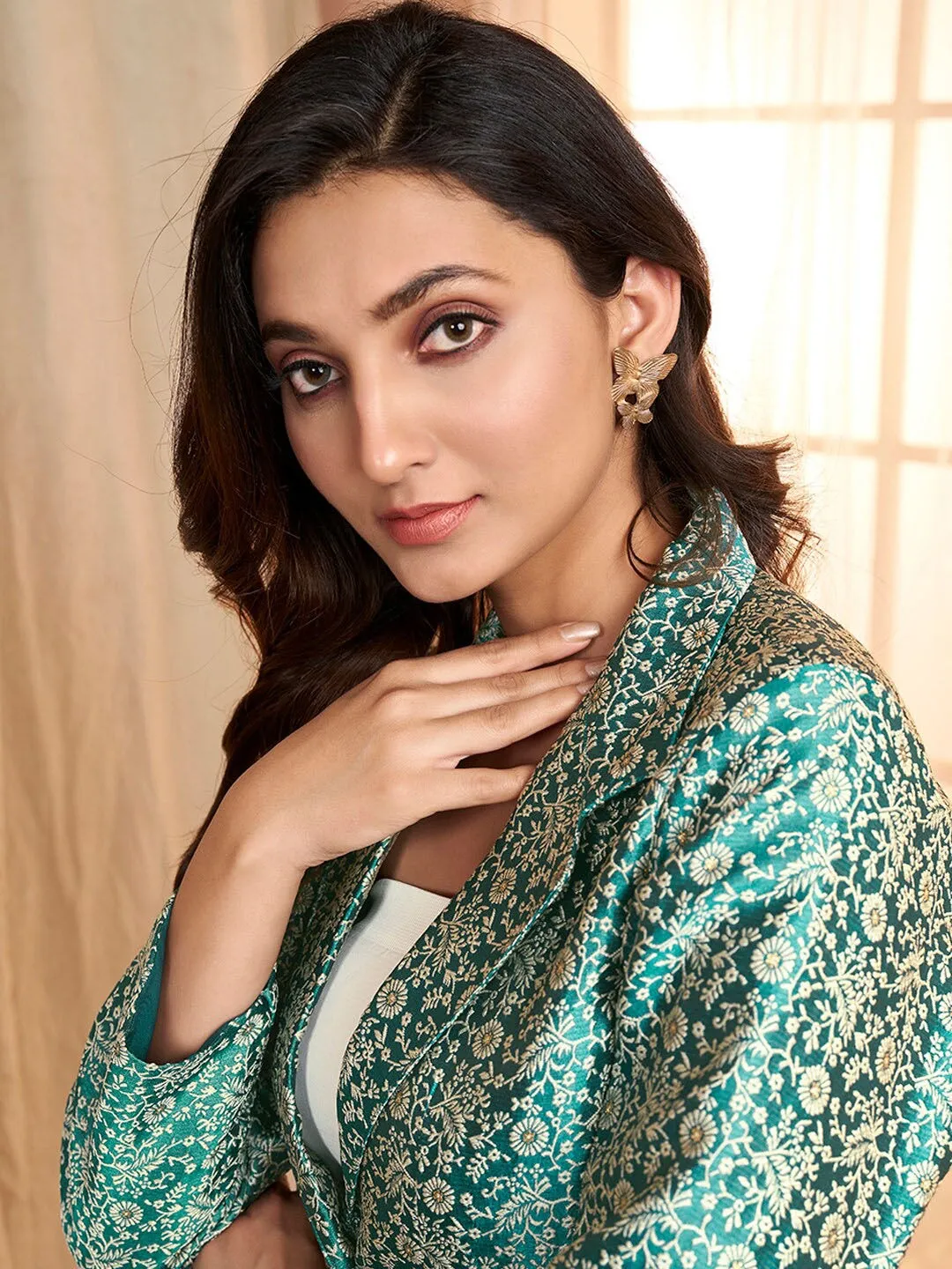 Green and beige Floral Woven Design Shirt & Trousers Ethnic Co-Ords