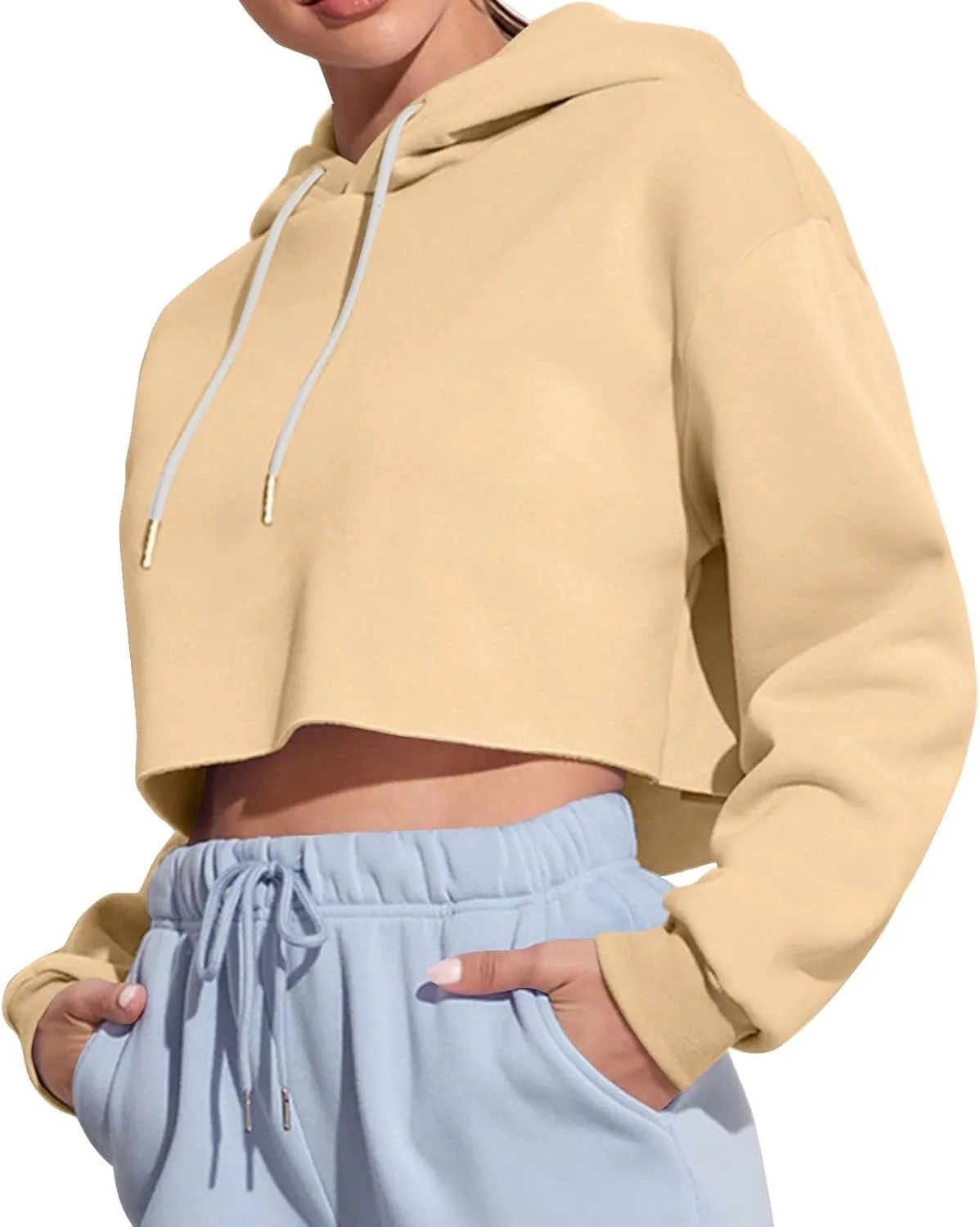 Gumipy Women's Cropped Hoodies Drop Shoulder Drawtring Oversized Sweatshirt Hoodie Y2K Long Sleeve Pullover Senior Crop Tops