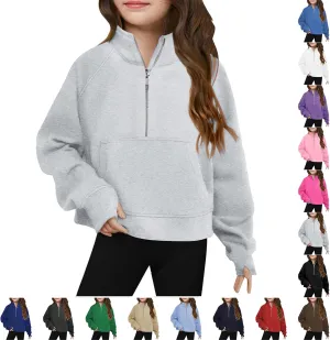 Half Zip Crop Sweatshirt For Girls Long Sleeve Pullover Tops Kids Lightweight Fleece Winter Clothes 5-13 Years