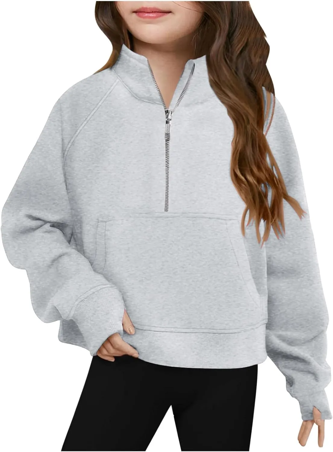 Half Zip Crop Sweatshirt For Girls Long Sleeve Pullover Tops Kids Lightweight Fleece Winter Clothes 5-13 Years
