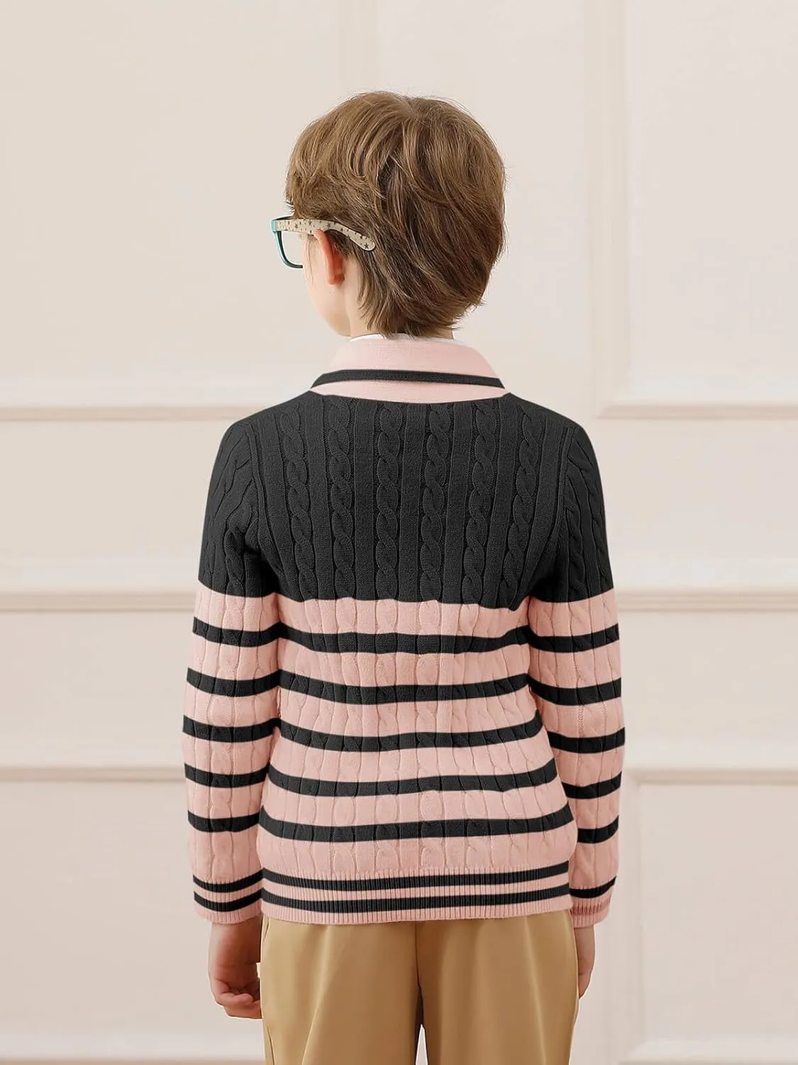 Haloumoning Boys Cardigan Striped Cable Knit Sweater Kids Casual Long Sleeve Shawl Collar Fall Clothes 4-14Y