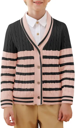 Haloumoning Boys Cardigan Striped Cable Knit Sweater Kids Casual Long Sleeve Shawl Collar Fall Clothes 4-14Y