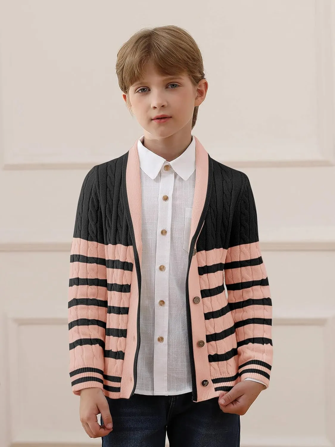 Haloumoning Boys Cardigan Striped Cable Knit Sweater Kids Casual Long Sleeve Shawl Collar Fall Clothes 4-14Y