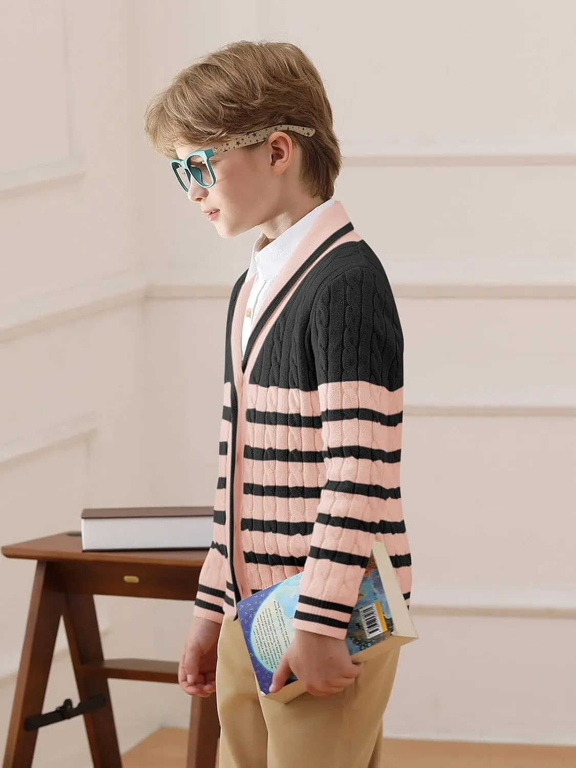 Haloumoning Boys Cardigan Striped Cable Knit Sweater Kids Casual Long Sleeve Shawl Collar Fall Clothes 4-14Y