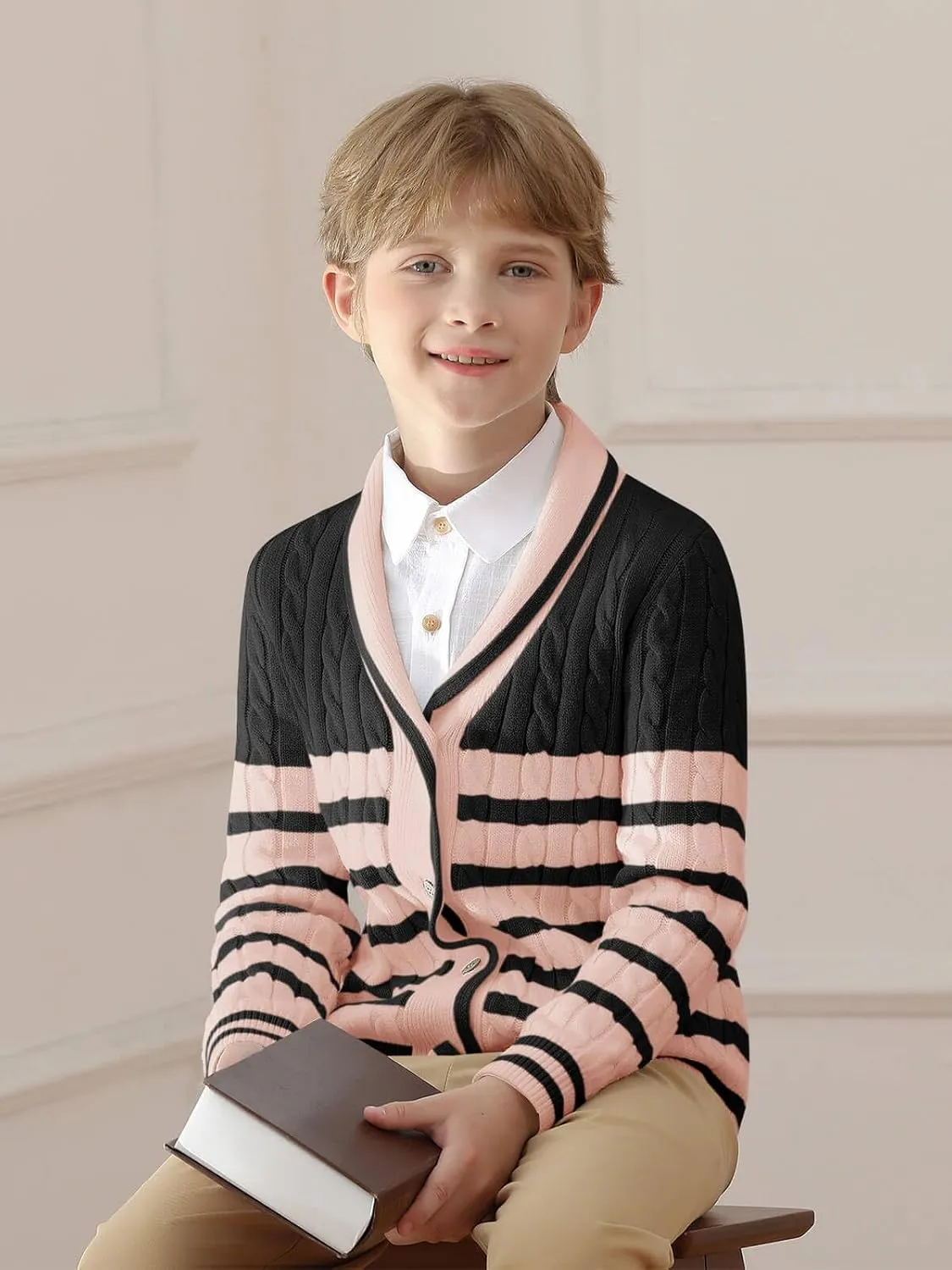 Haloumoning Boys Cardigan Striped Cable Knit Sweater Kids Casual Long Sleeve Shawl Collar Fall Clothes 4-14Y