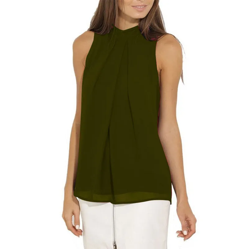 Halter Sleeveless Sexy Chiffon Pure Color Tank