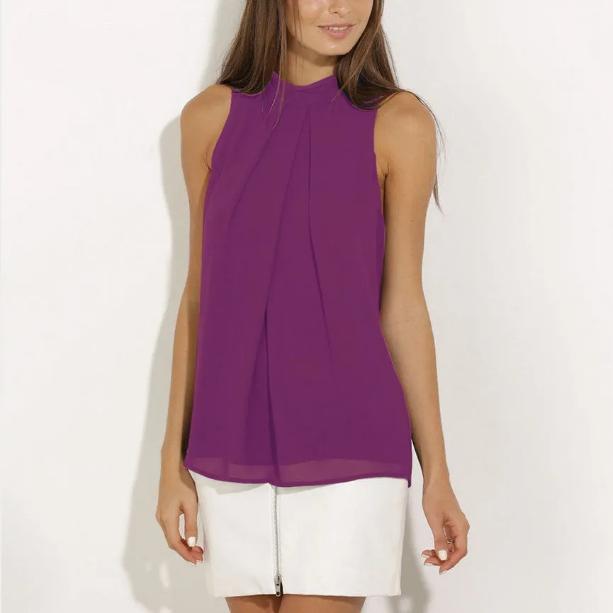 Halter Sleeveless Sexy Chiffon Pure Color Tank