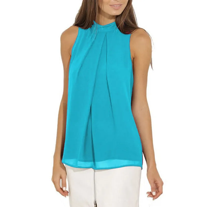 Halter Sleeveless Sexy Chiffon Pure Color Tank