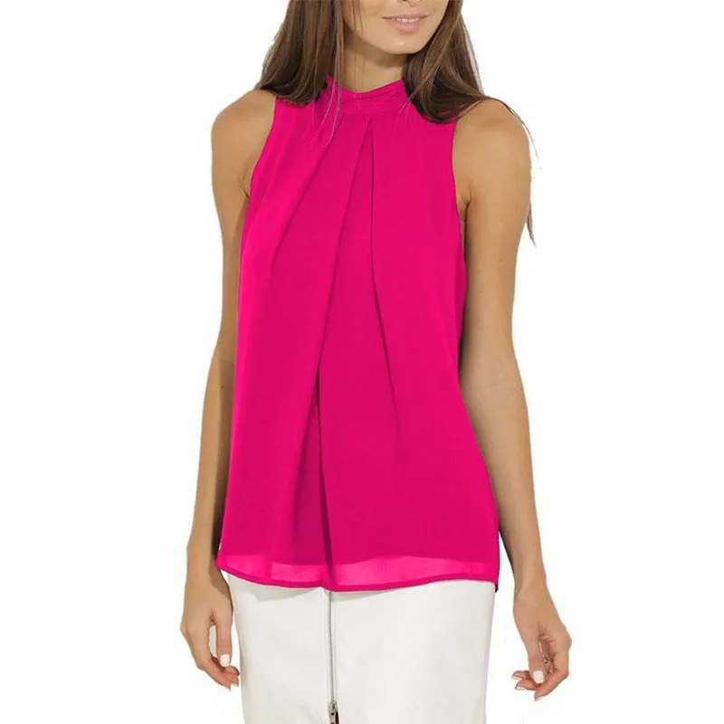 Halter Sleeveless Sexy Chiffon Pure Color Tank