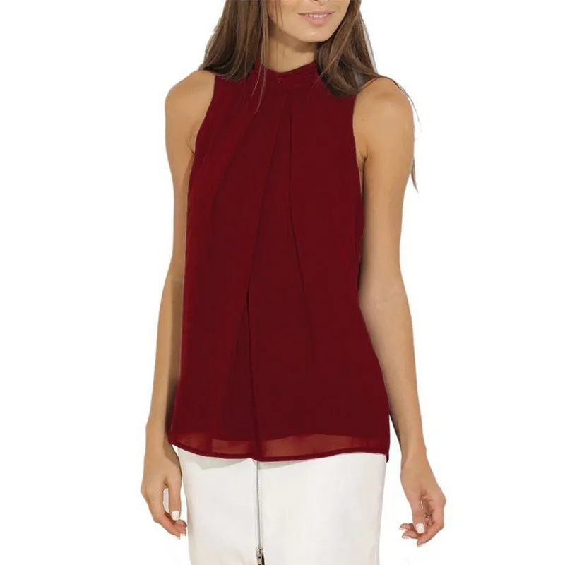 Halter Sleeveless Sexy Chiffon Pure Color Tank