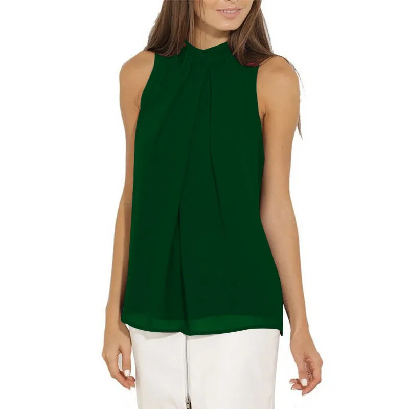 Halter Sleeveless Sexy Chiffon Pure Color Tank