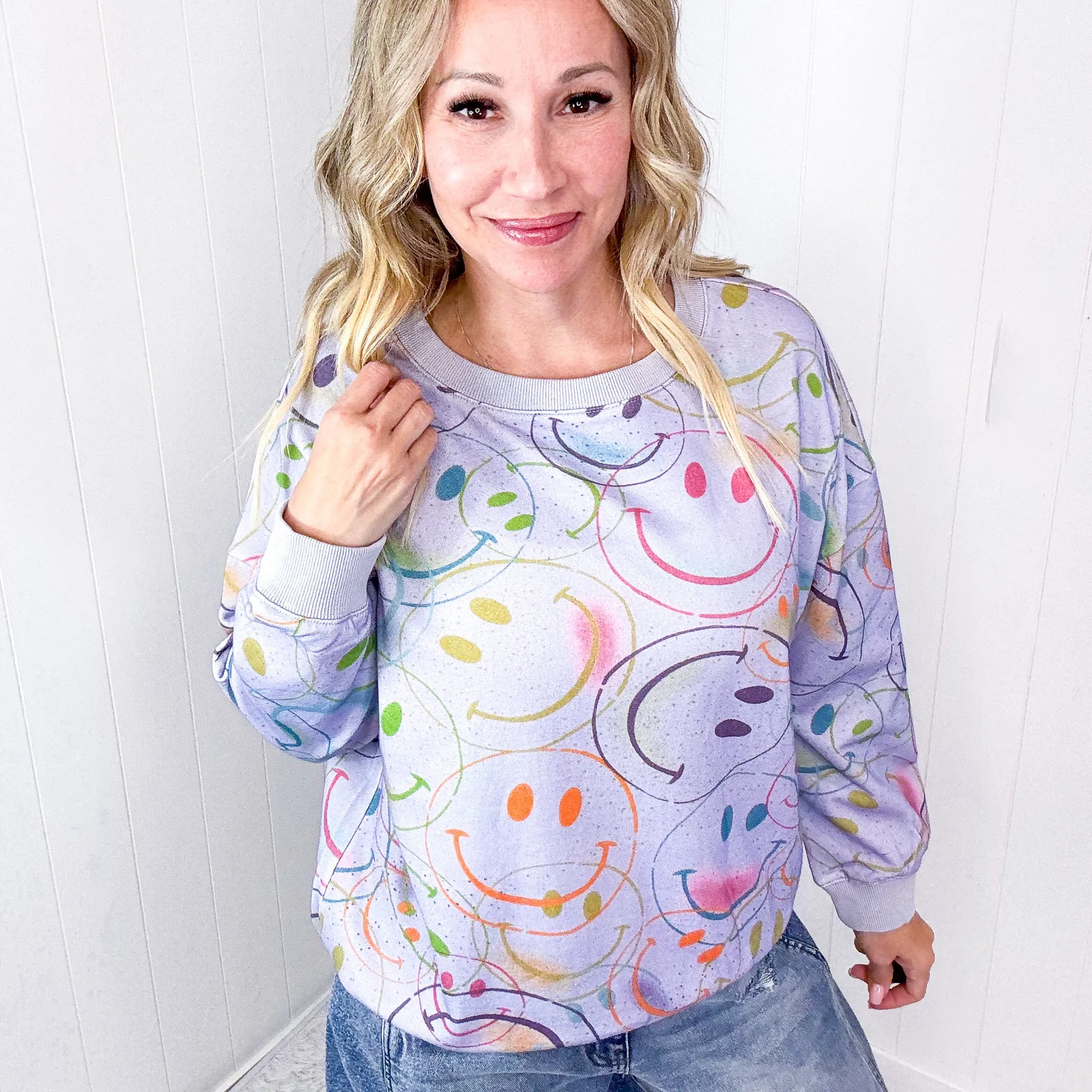 Happy Splendor Mineral Washed Terry Long Sleeve Pullover In Washed Lilac *Final Sale*