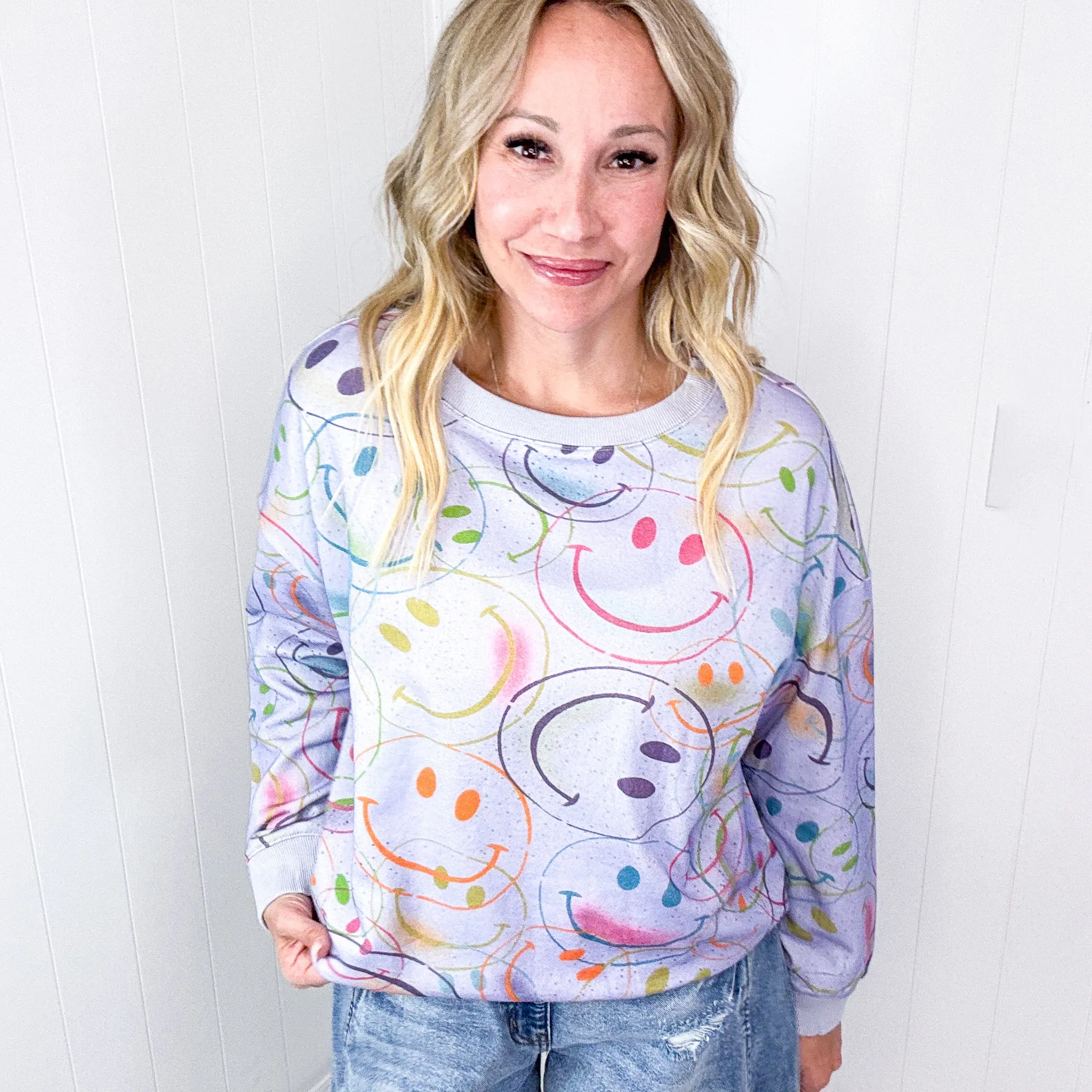 Happy Splendor Mineral Washed Terry Long Sleeve Pullover In Washed Lilac *Final Sale*