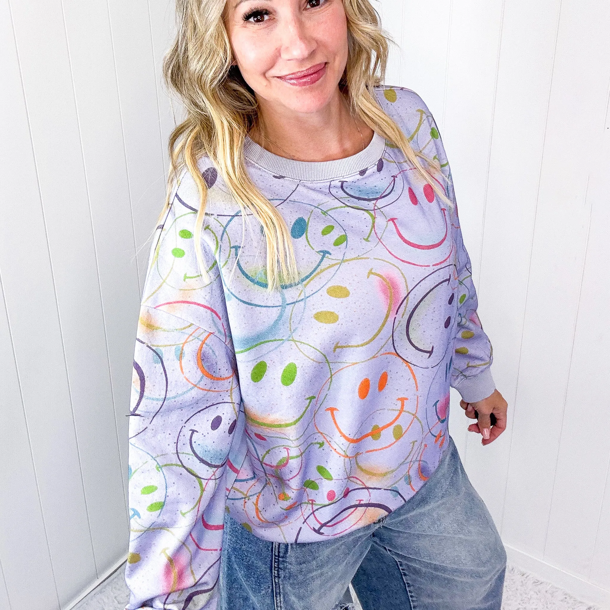 Happy Splendor Mineral Washed Terry Long Sleeve Pullover In Washed Lilac *Final Sale*