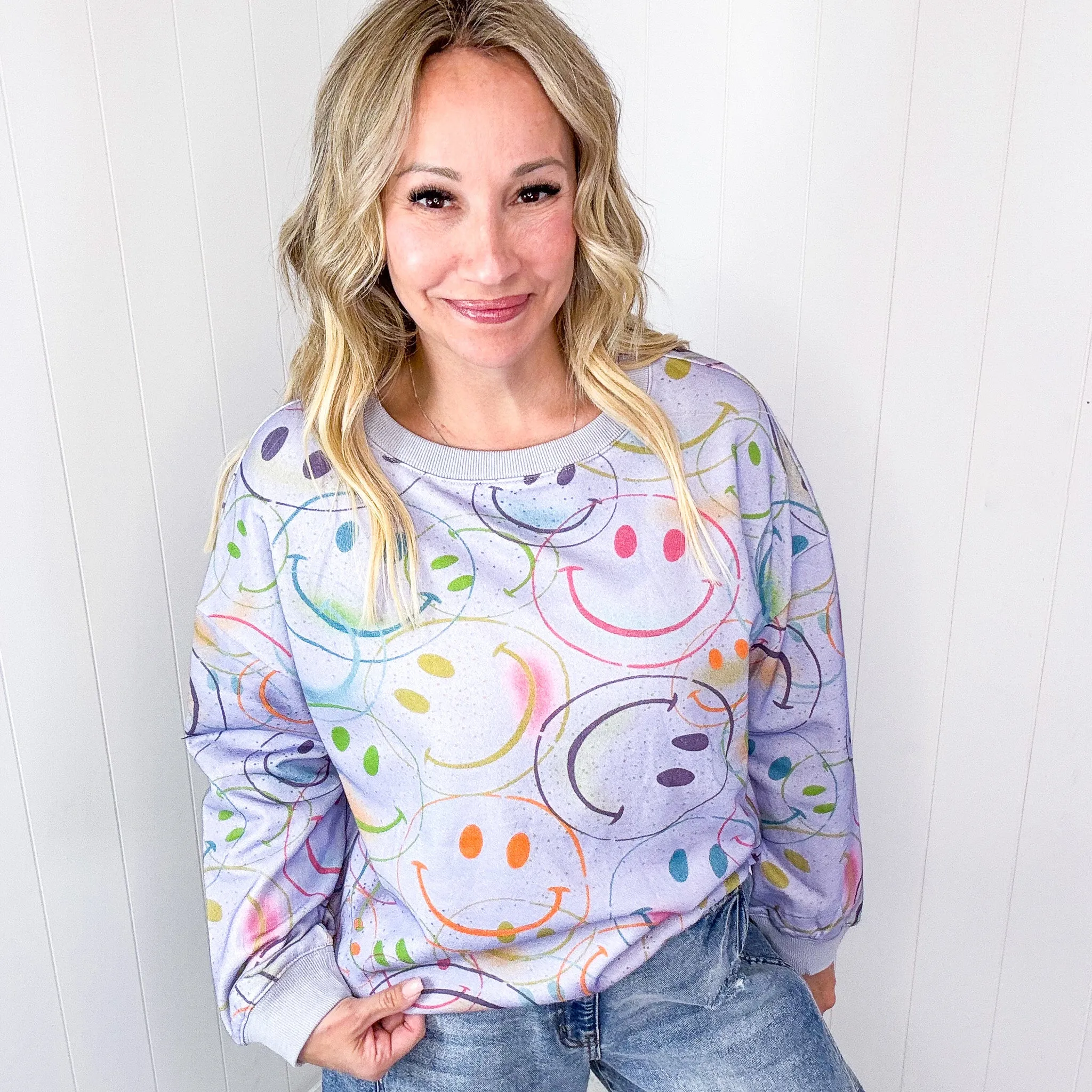 Happy Splendor Mineral Washed Terry Long Sleeve Pullover In Washed Lilac *Final Sale*