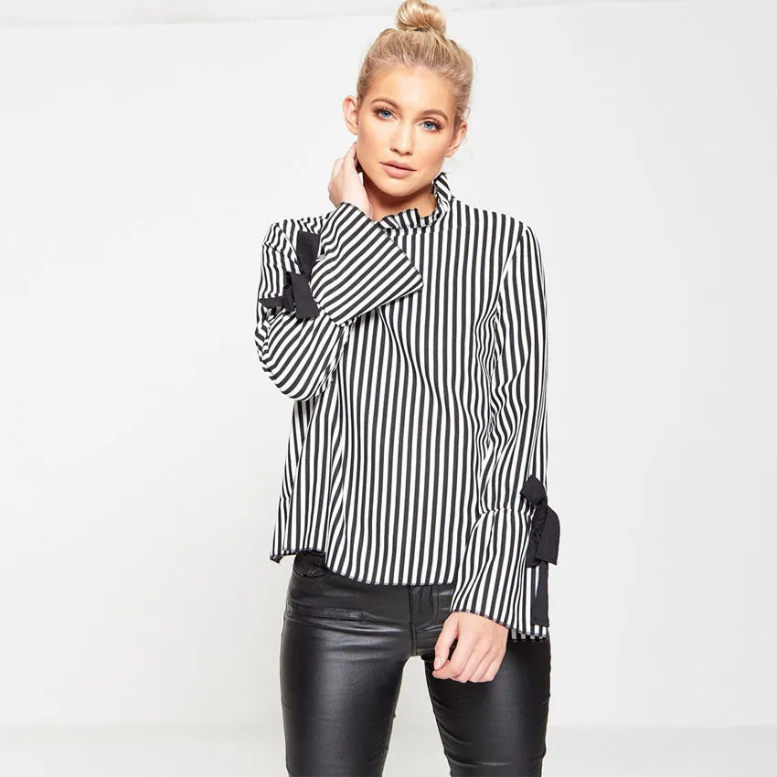 High Neck Stripe Open Back Loose Blouse