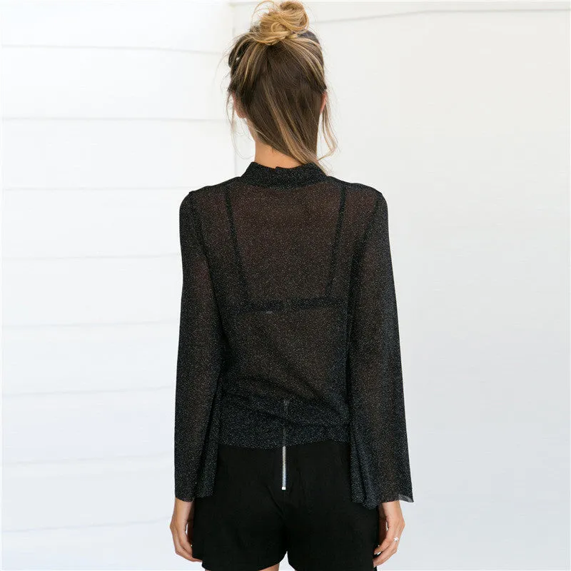 High Neck Trumpet Sleeves Transparent Loose Blouse