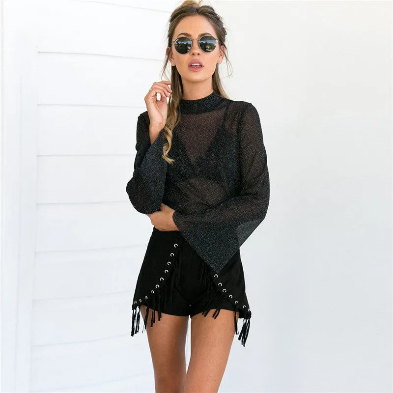 High Neck Trumpet Sleeves Transparent Loose Blouse