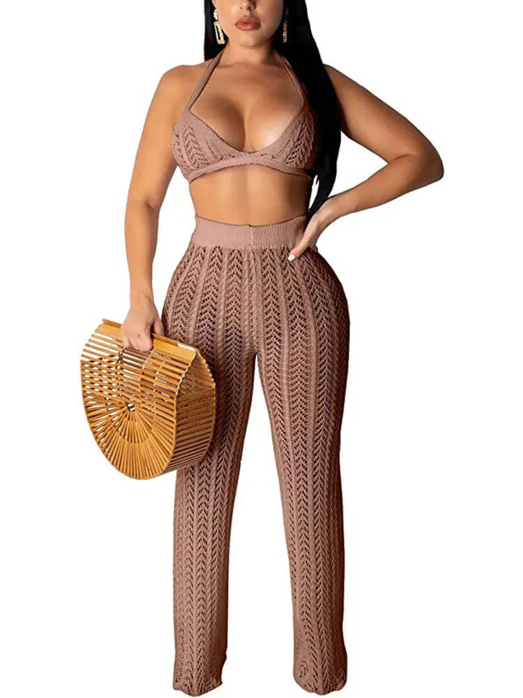 Hollow Out Knitted Crop Top & Pants