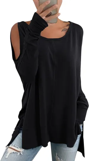 Hongqizo Women's Cold Shoulder Long Sleeve Sweatshirt Casual Crew Neck Side Split Loose Pullover Tops Blouses
