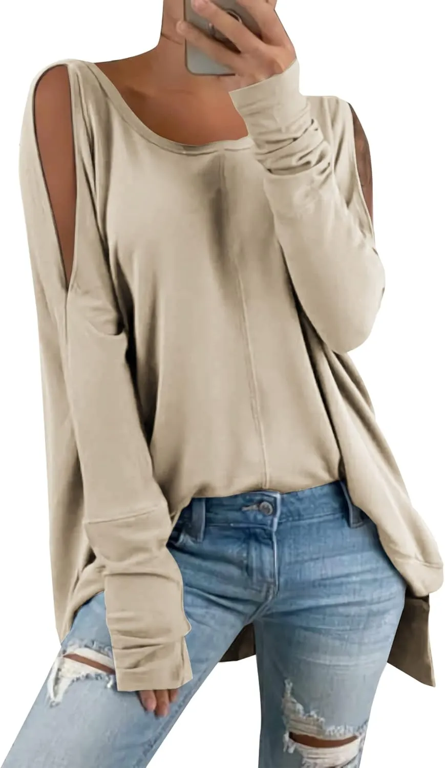 Hongqizo Women's Cold Shoulder Long Sleeve Sweatshirt Casual Crew Neck Side Split Loose Pullover Tops Blouses