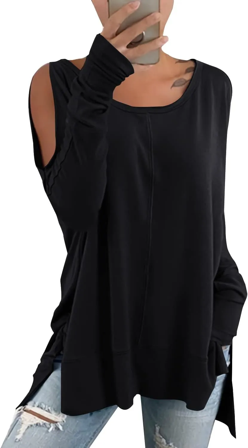 Hongqizo Women's Cold Shoulder Long Sleeve Sweatshirt Casual Crew Neck Side Split Loose Pullover Tops Blouses