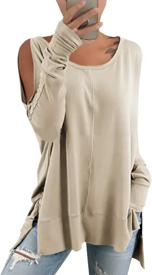 Hongqizo Women's Cold Shoulder Long Sleeve Sweatshirt Casual Crew Neck Side Split Loose Pullover Tops Blouses