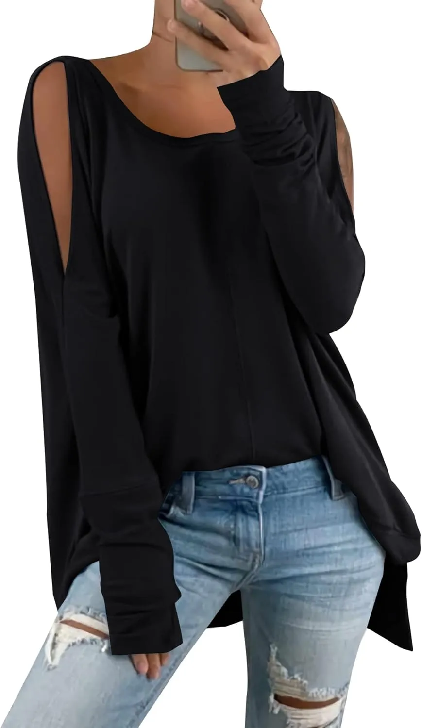 Hongqizo Women's Cold Shoulder Long Sleeve Sweatshirt Casual Crew Neck Side Split Loose Pullover Tops Blouses