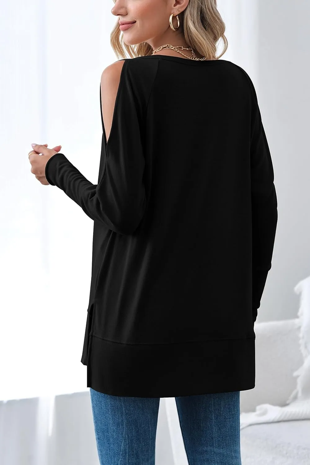Hongqizo Women's Cold Shoulder Long Sleeve Sweatshirt Casual Crew Neck Side Split Loose Pullover Tops Blouses
