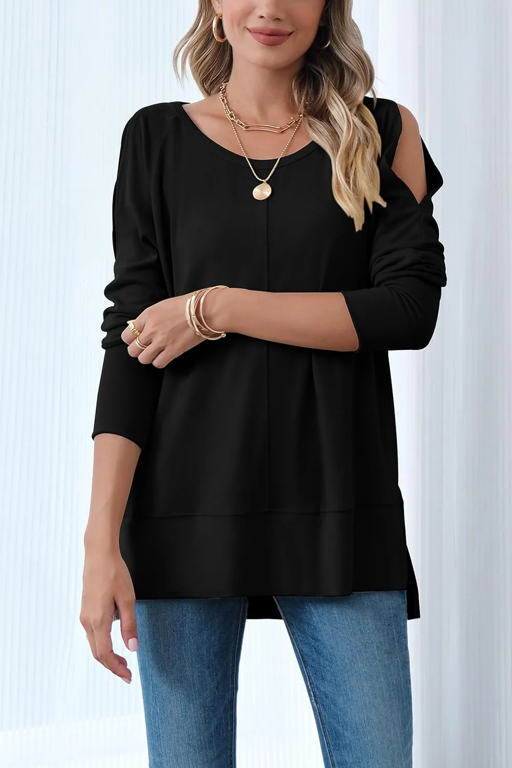Hongqizo Women's Cold Shoulder Long Sleeve Sweatshirt Casual Crew Neck Side Split Loose Pullover Tops Blouses