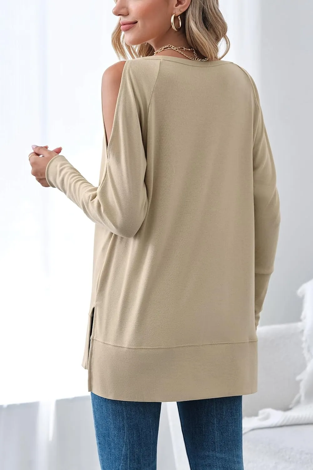 Hongqizo Women's Cold Shoulder Long Sleeve Sweatshirt Casual Crew Neck Side Split Loose Pullover Tops Blouses